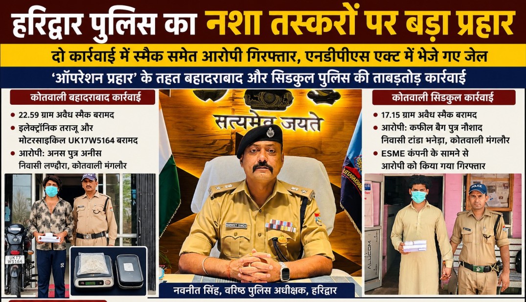 हरिद्वार पुलिस का नशा तस्करों पर बड़ा प्रहार, दो कार्रवाई में स्मैक समेत आरोपी गिरफ्तार